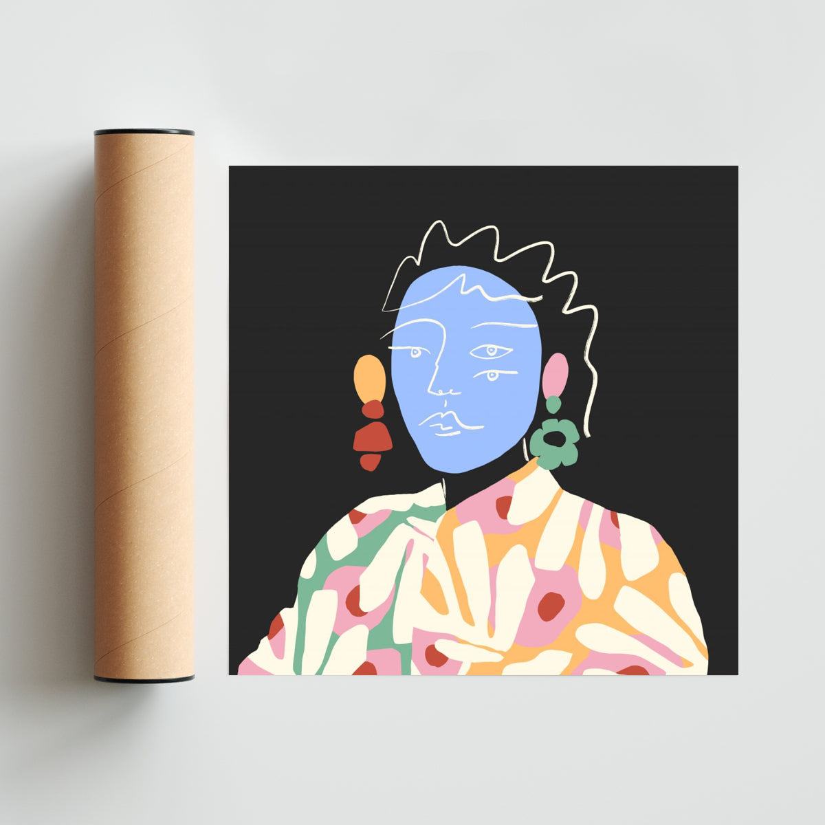 La cara azul y las flores blancas - Cuadrado solo print