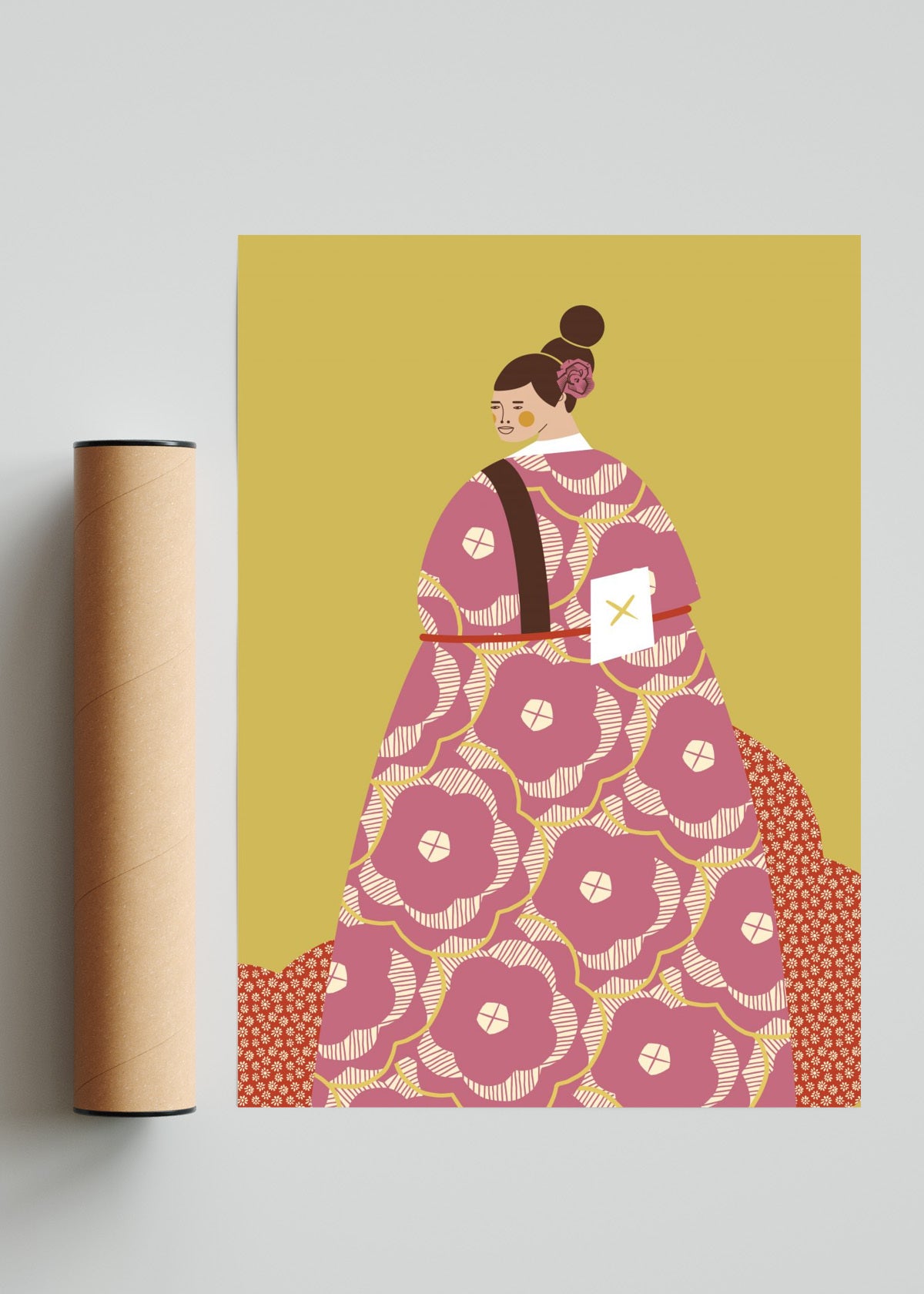 Mujer con Kimono Rosa - Retrato solo print
