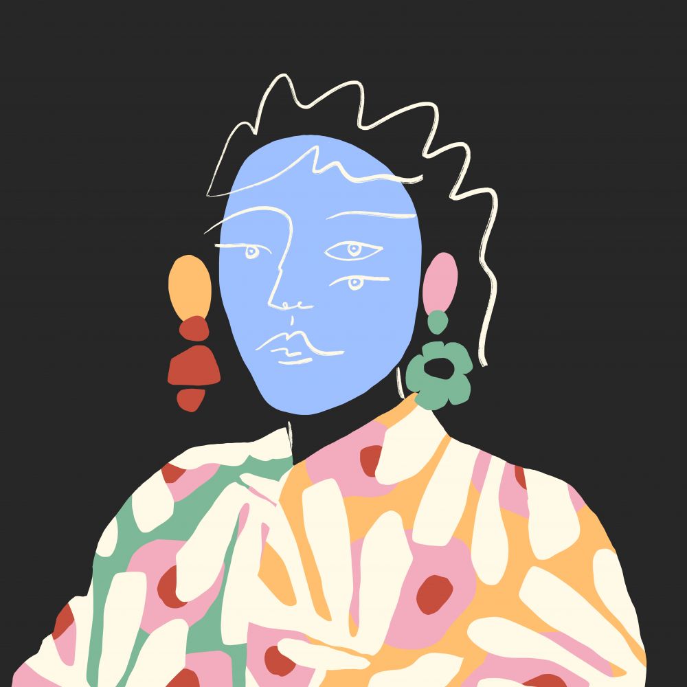 La cara azul y las flores blancas